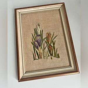 Vintage Framed Hand-Embroidered Crocus Flower Hanging Wall Art 11x8”